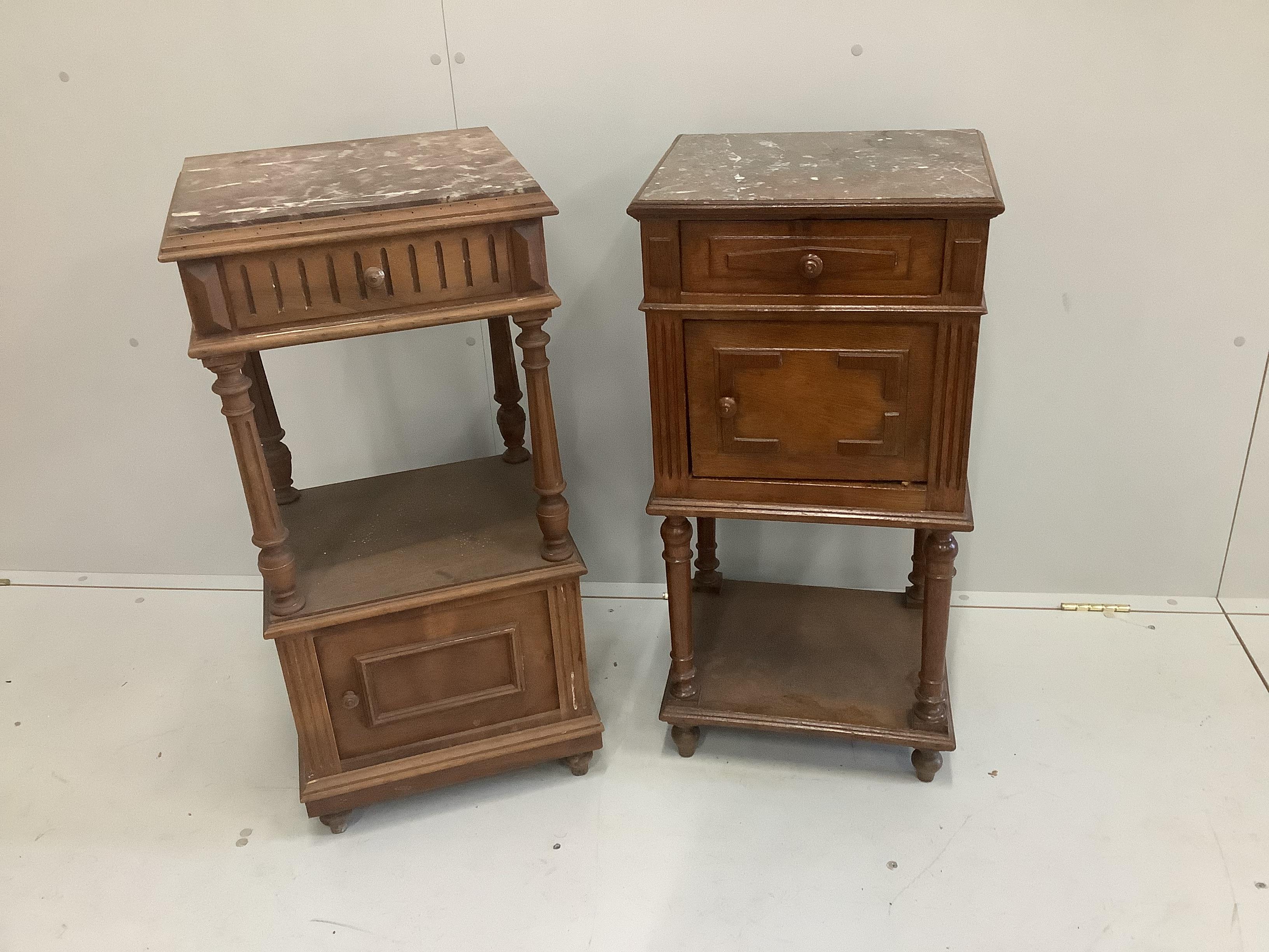 Two late 19th century French walnut bedside chests with marble tops